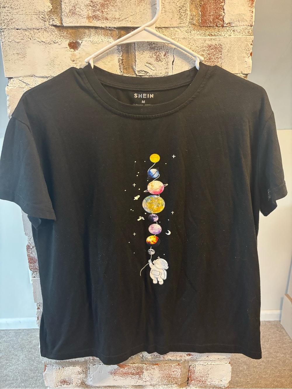 SHEIN Women’s Black Tee with Colorful Planet & Astronaut Graphic